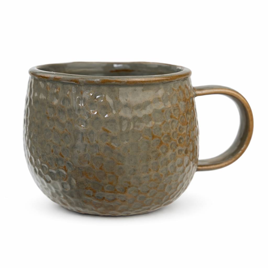 Handmade ceramic coffee mug in textured gray glaze with brown rim, artisan stoneware cup perfect for gift boxes and corporate gifting.