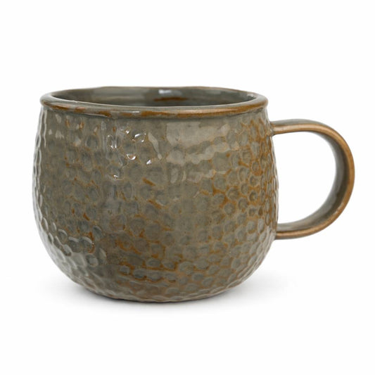 Handmade ceramic coffee mug in textured gray glaze with brown rim, artisan stoneware cup perfect for gift boxes and corporate gifting.
