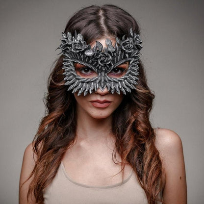 Black Masquerade Mask: Silver Glitter Flowers