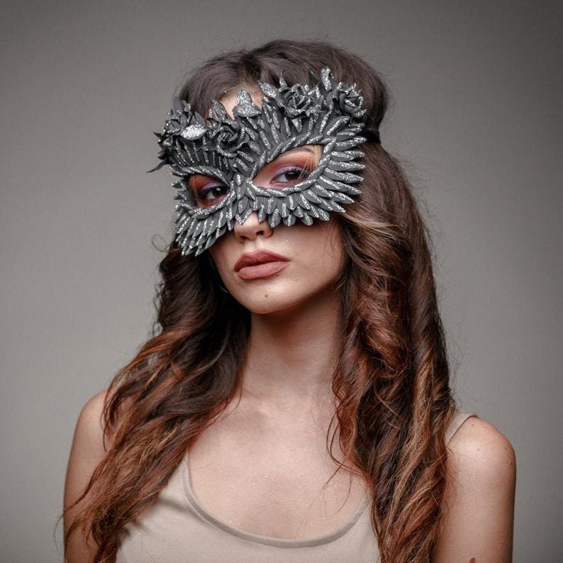 Black Masquerade Mask: Silver Glitter Flowers