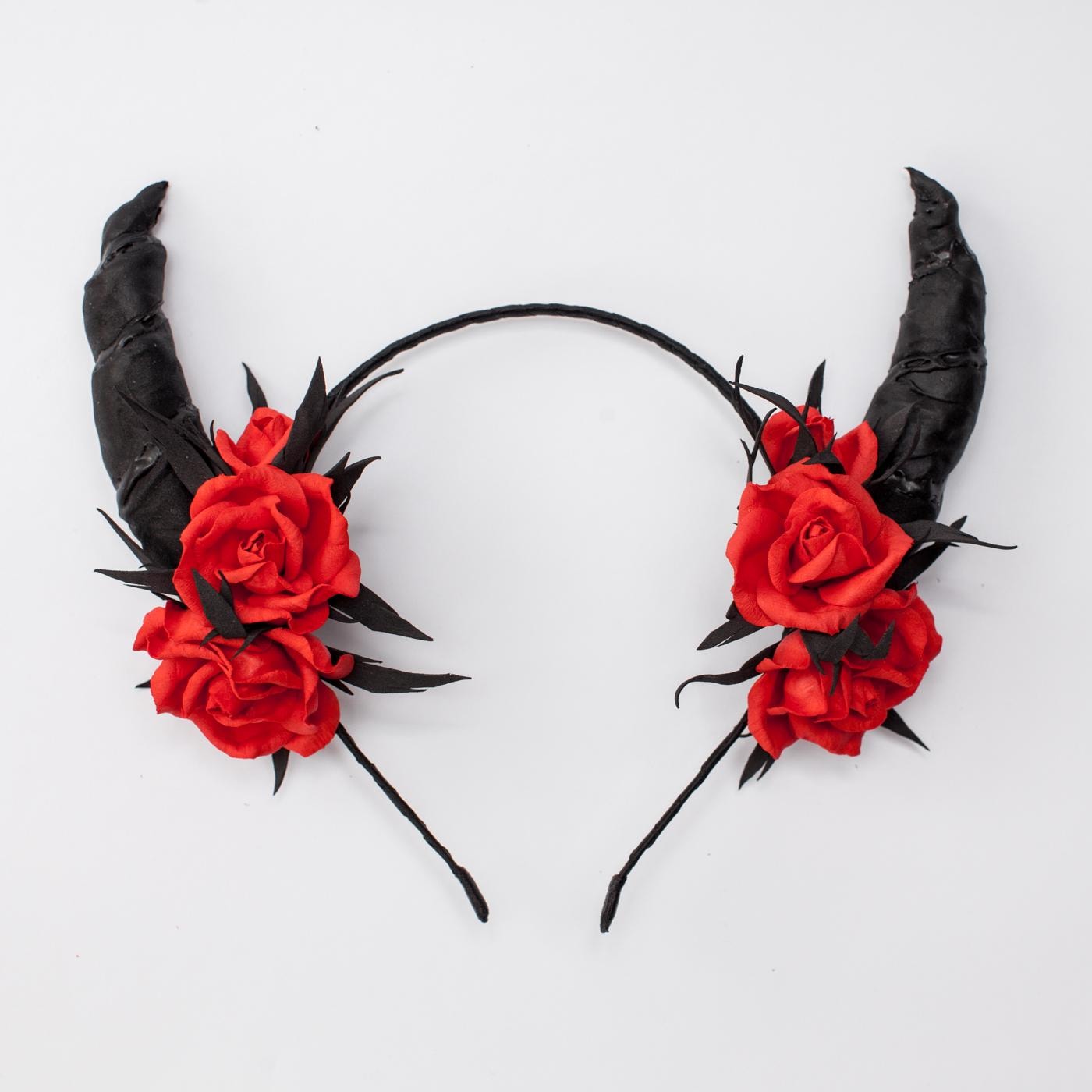 Black Devil Horns Headband: Red Rose Halloween Party Costume
