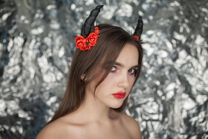 Black Devil Horns Headband: Red Rose Halloween Party Costume