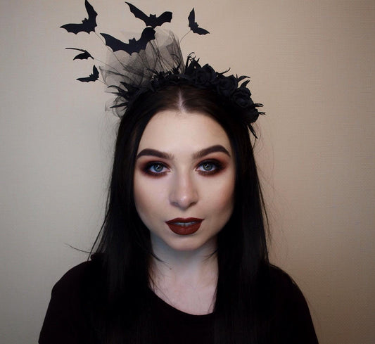 Black bat headband with roses, veil for Halloween party. Lightweight fascinator headpiece.