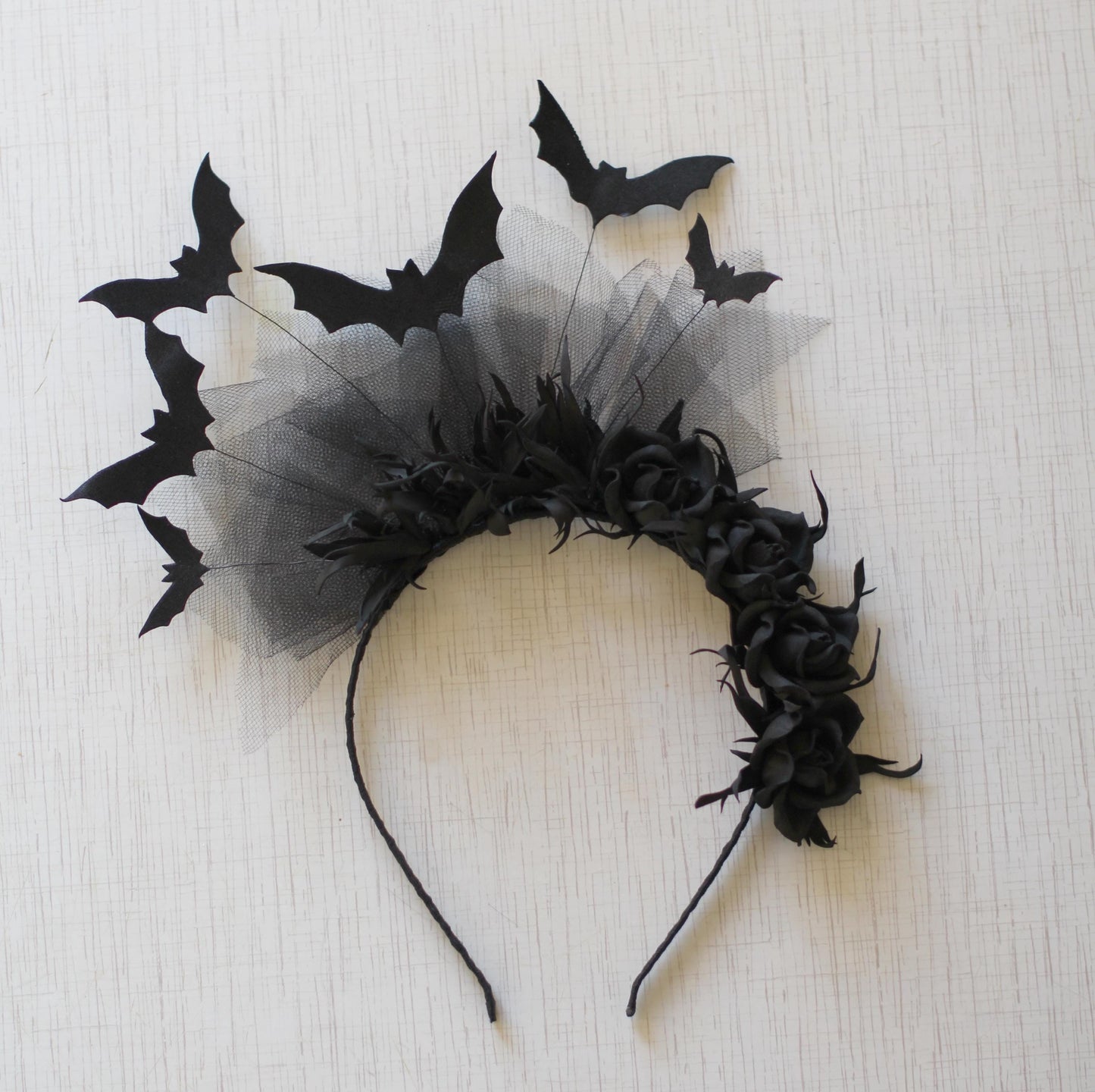 Black bat headband with roses, veil for Halloween party. Lightweight fascinator headpiece.