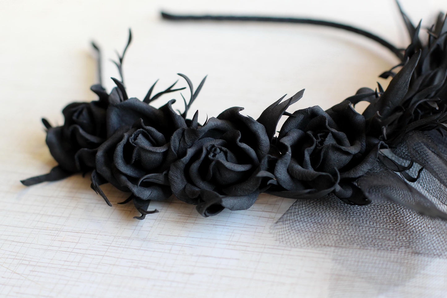 Black bat headband with roses, veil for Halloween party. Lightweight fascinator headpiece.