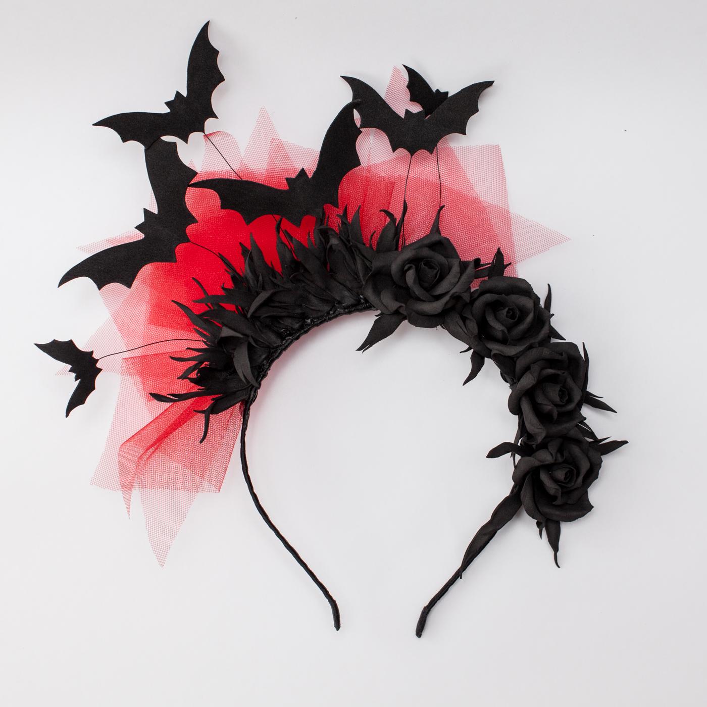 Black bat headband with roses and red veil. Fascinator crown.