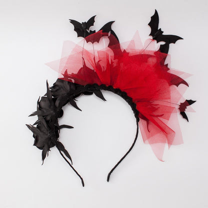 Bat Fascinator Headband: Black Roses & Red Veil - Halloween Gothic Headpiece