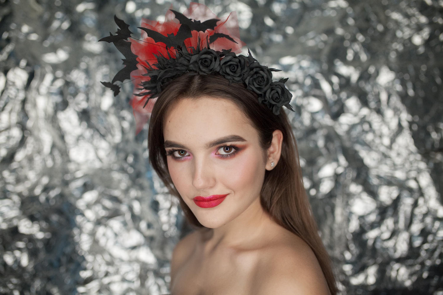 Bat Fascinator Headband: Black Roses & Red Veil - Halloween Gothic Headpiece