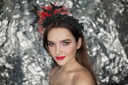 Bat Fascinator Headband: Black Roses & Red Veil - Halloween Gothic Headpiece