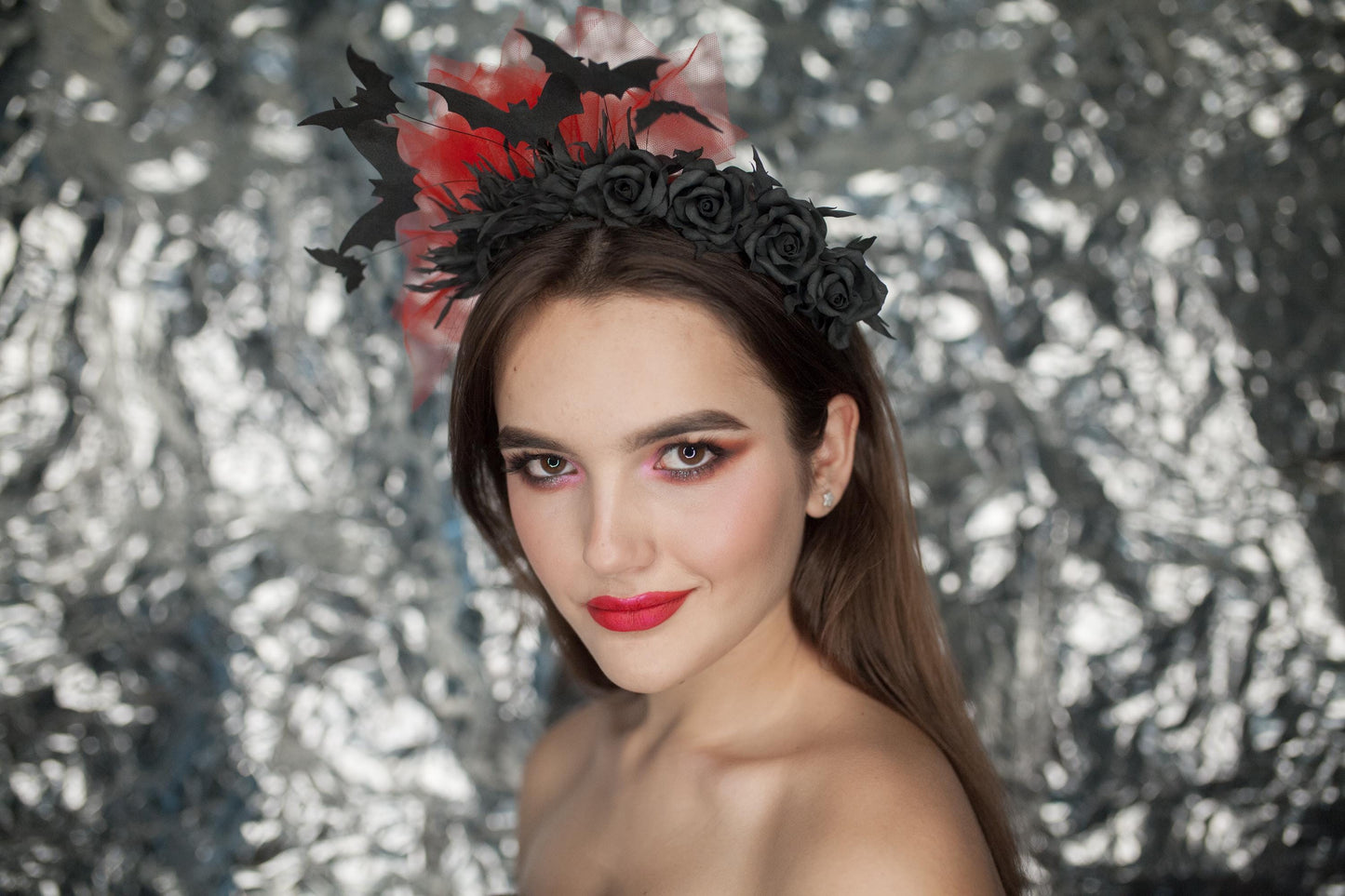 Black bat headband with roses and red veil. Fascinator crown.