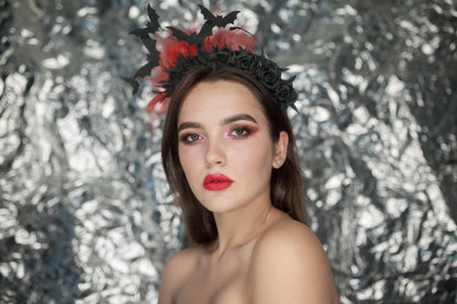 Black bat headband with roses and red veil. Fascinator crown.