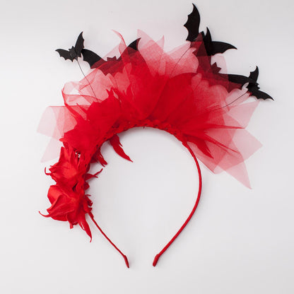 Halloween headband with black bat and red roses. Gothic crown.
