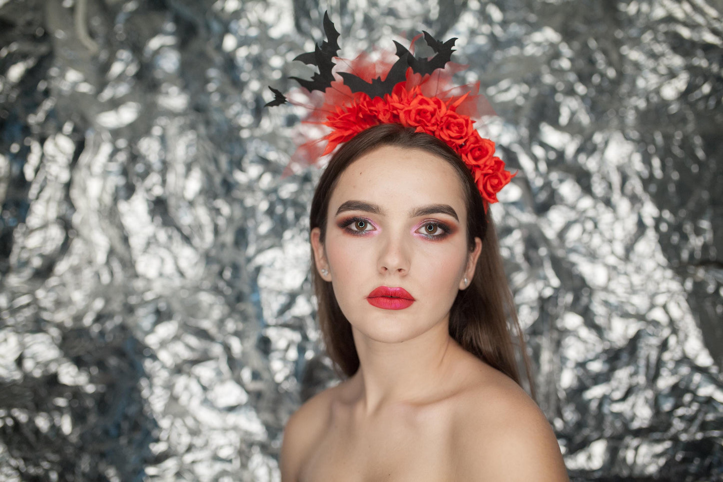 Halloween headband with black bat and red roses. Gothic crown.