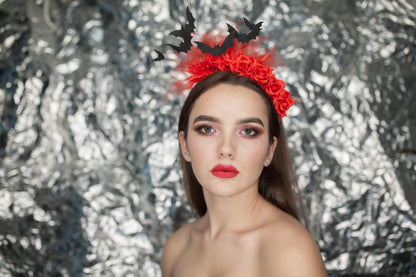 Halloween headband with black bat and red roses. Gothic crown.