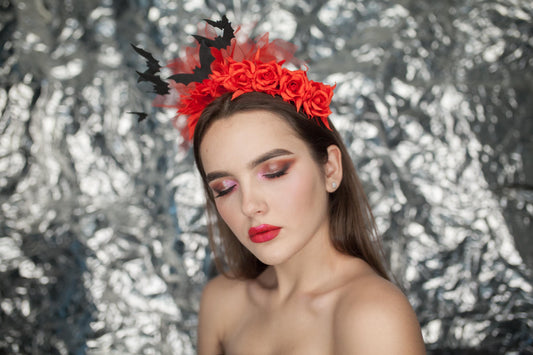 Halloween headband with black bat and red roses. Gothic crown.