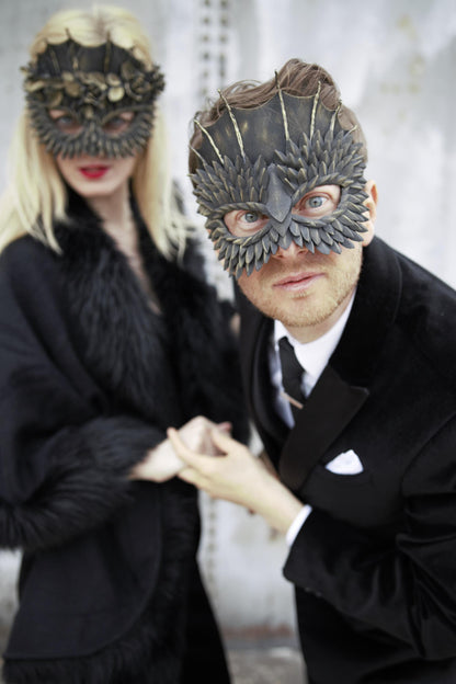 Couples Dragon Masquerade Masks: Owl Black Gold Gothic Costume