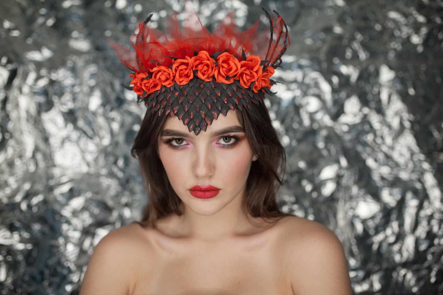 Dragon Scale Headband: Red Roses, Wings & Veil - Fantasy Costume
