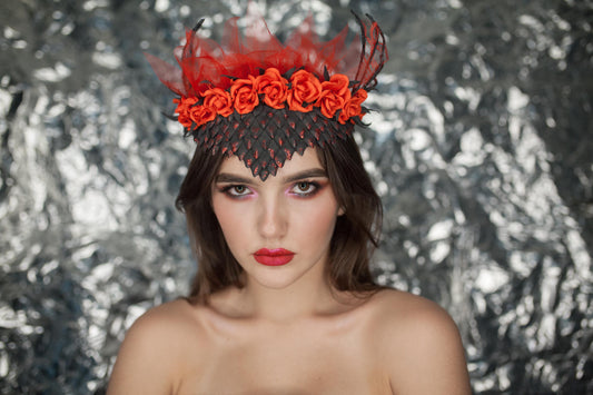 Dragon Scale Headband: Red Roses, Wings & Veil - Fantasy Costume