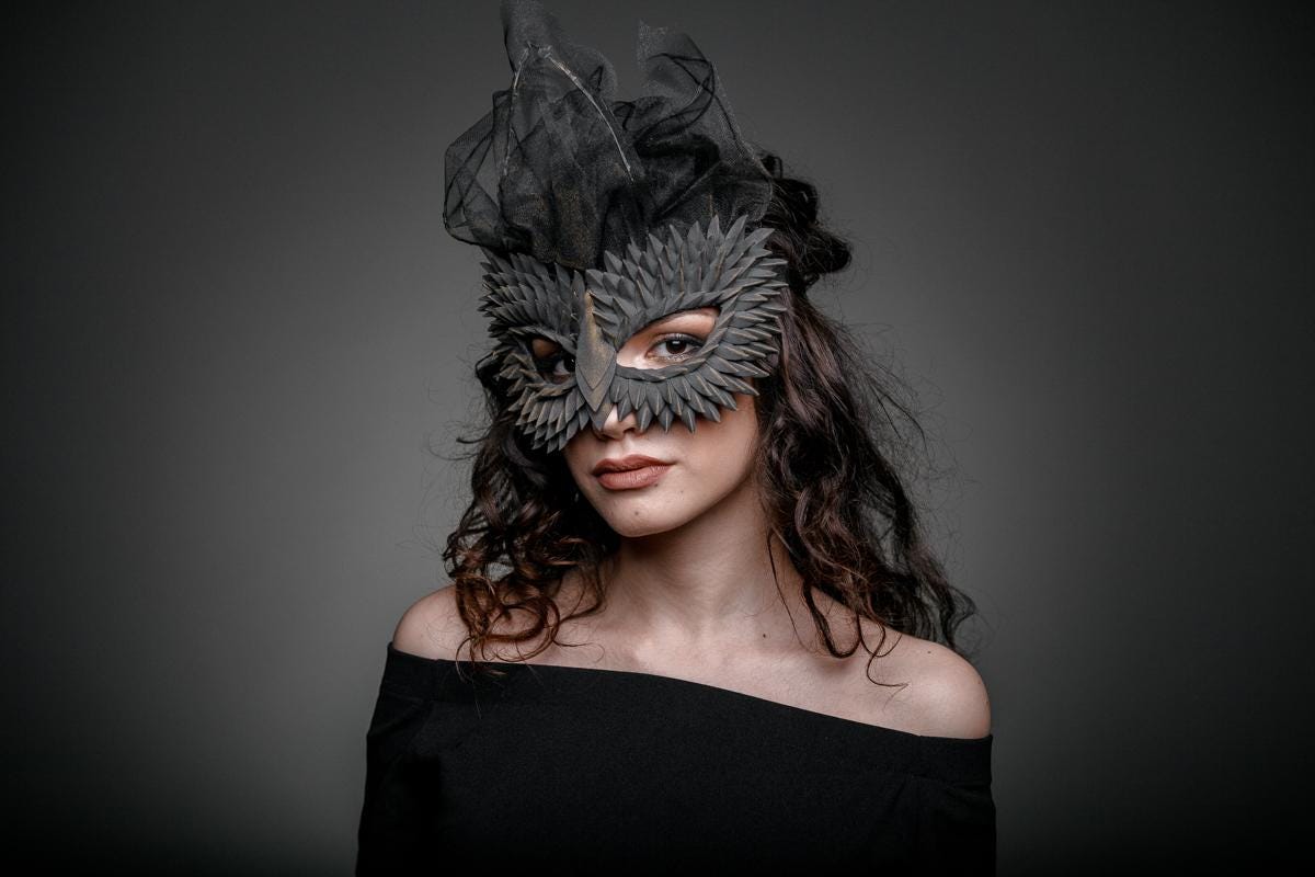 Gothic Dragon Masquerade Mask –  Black Scales & Gold Tint, Black Veil, Fantasy Costume for Women