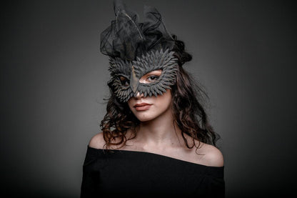 Gothic Dragon Masquerade Mask –  Black Scales & Gold Tint, Black Veil, Fantasy Costume for Women