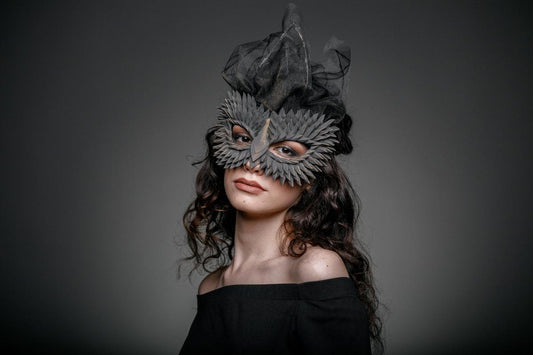 Gothic Dragon Masquerade Mask –  Black Scales & Gold Tint, Black Veil, Fantasy Costume for Women