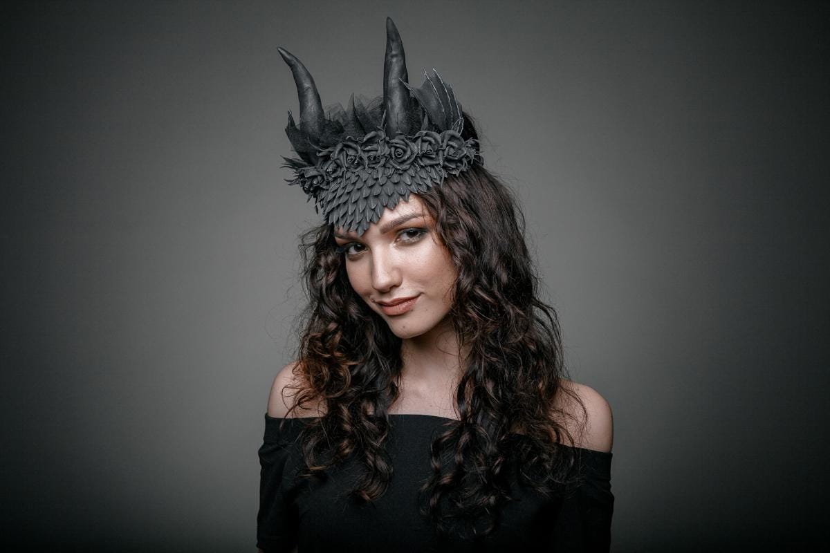 Dragon Horn Headband: Black Scales, Silver Glitter, Roses, Veil - Gothic Cosplay Crown