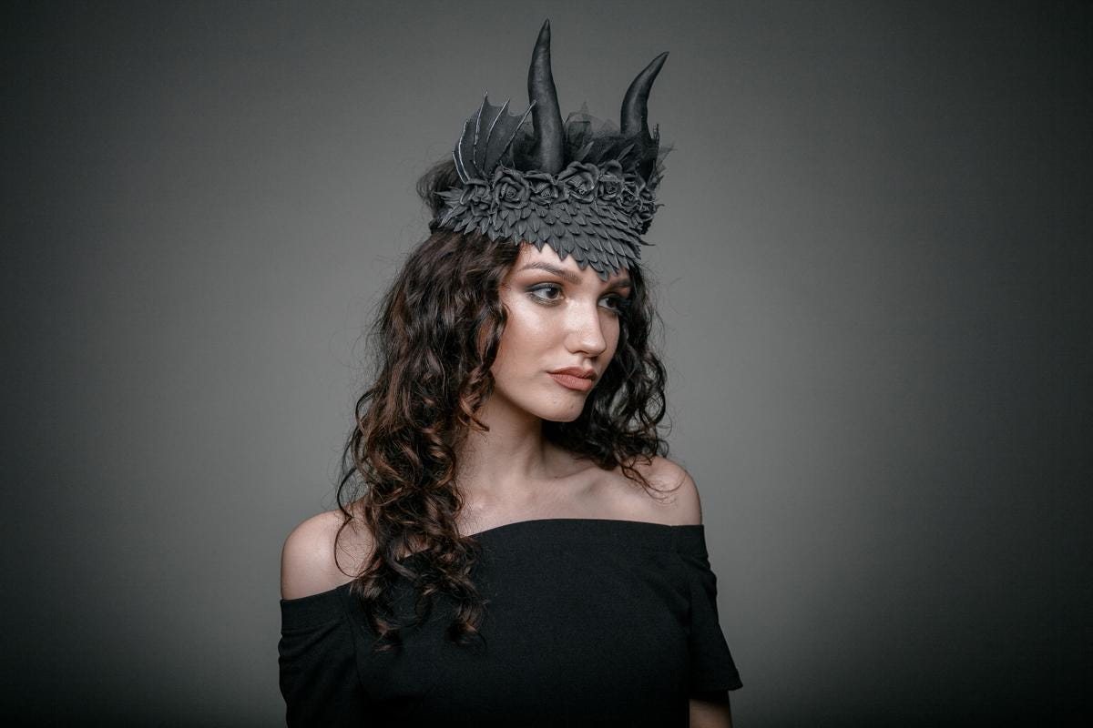 Dragon Horn Headband: Black Scales, Silver Glitter, Roses, Veil - Gothic Cosplay Crown