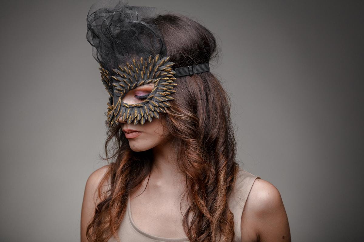 Gothic Masquerade Mask: Black & Gold Glitter Winged Veil