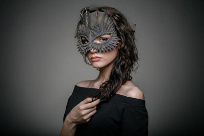 Masquerade Mask Black with gold tint Dragon for Halloween party for woman and man