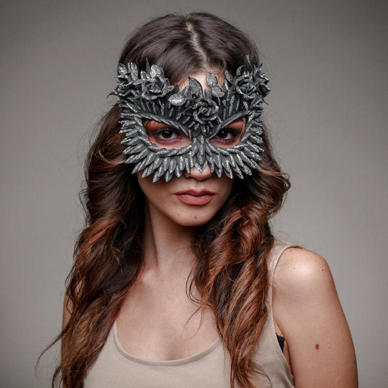 Black Masquerade Mask: Silver Glitter Flowers