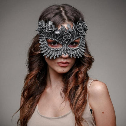 Black Masquerade Mask: Silver Glitter Flowers