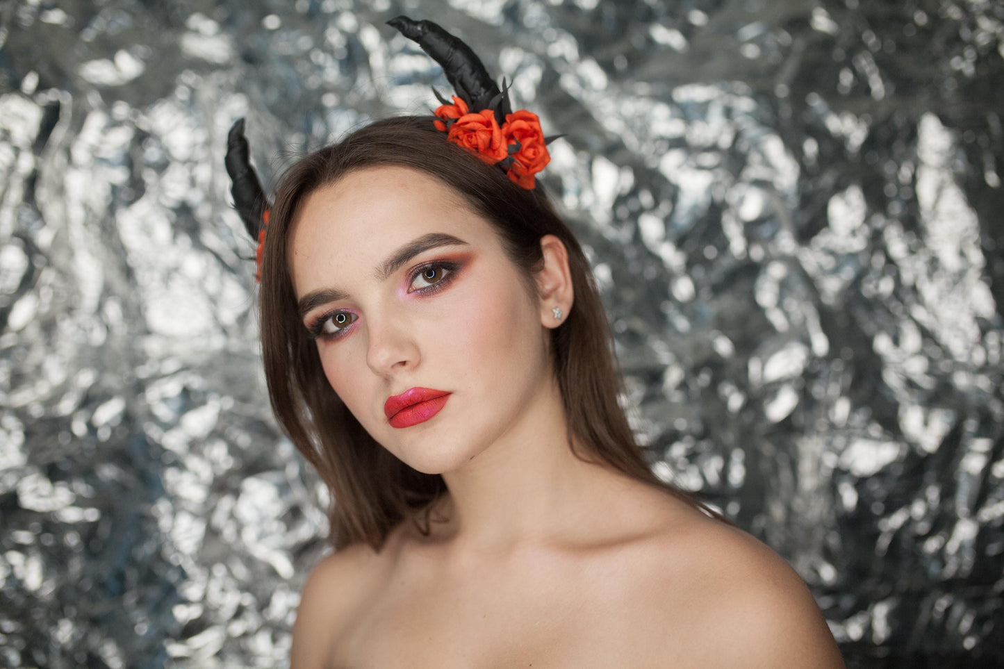 Black Devil Horns Headband: Red Rose Halloween Party Costume