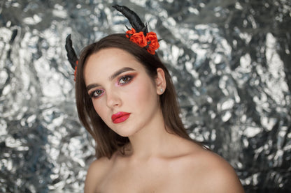 Black Devil Horns Headband: Red Rose Halloween Party Costume
