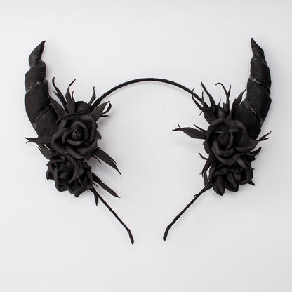 Black horns headband with roses for Halloween party.