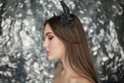 Black Devil Horns Headband: Handmade Foam Roses, Halloween Party