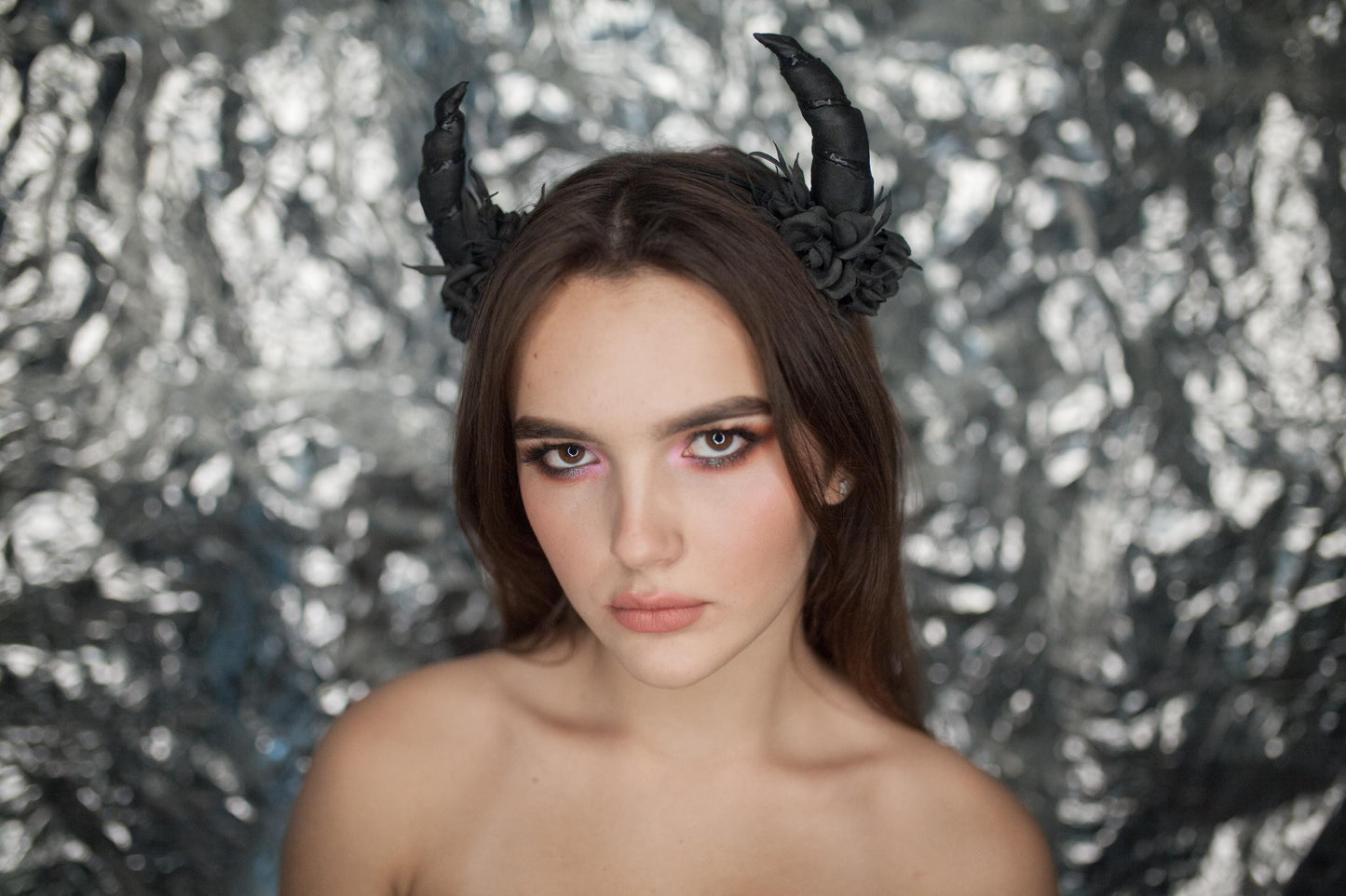 Black Devil Horns Headband: Handmade Foam Roses, Halloween Party