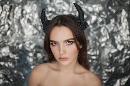 Black Devil Horns Headband: Handmade Foam Roses, Halloween Party