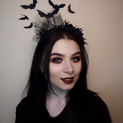 Black bat headband with roses, veil for Halloween party. Lightweight fascinator headpiece.