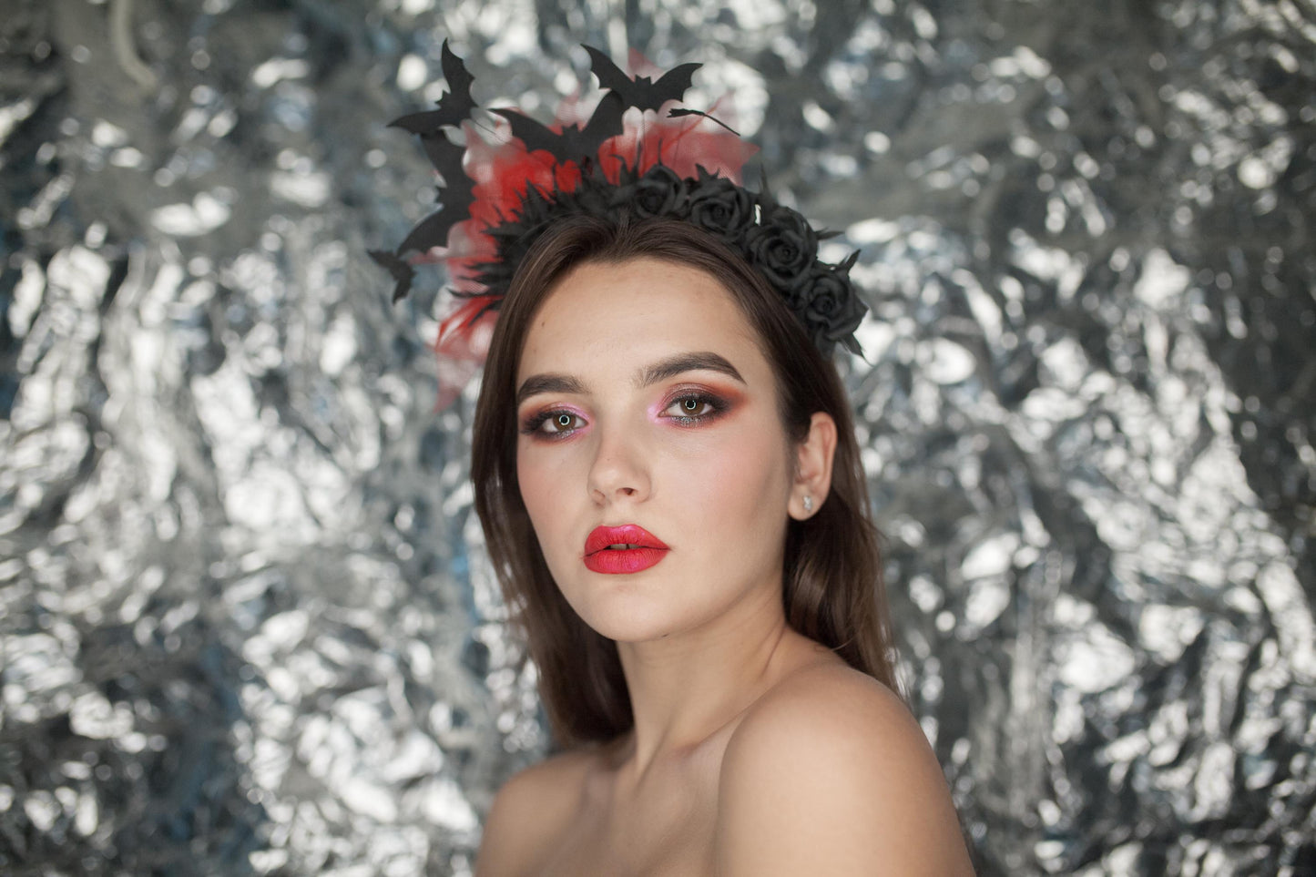 Black bat headband with roses and red veil. Fascinator crown.