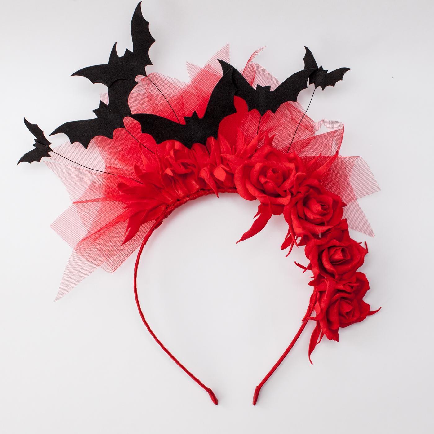 Halloween headband with black bat and red roses. Gothic crown.