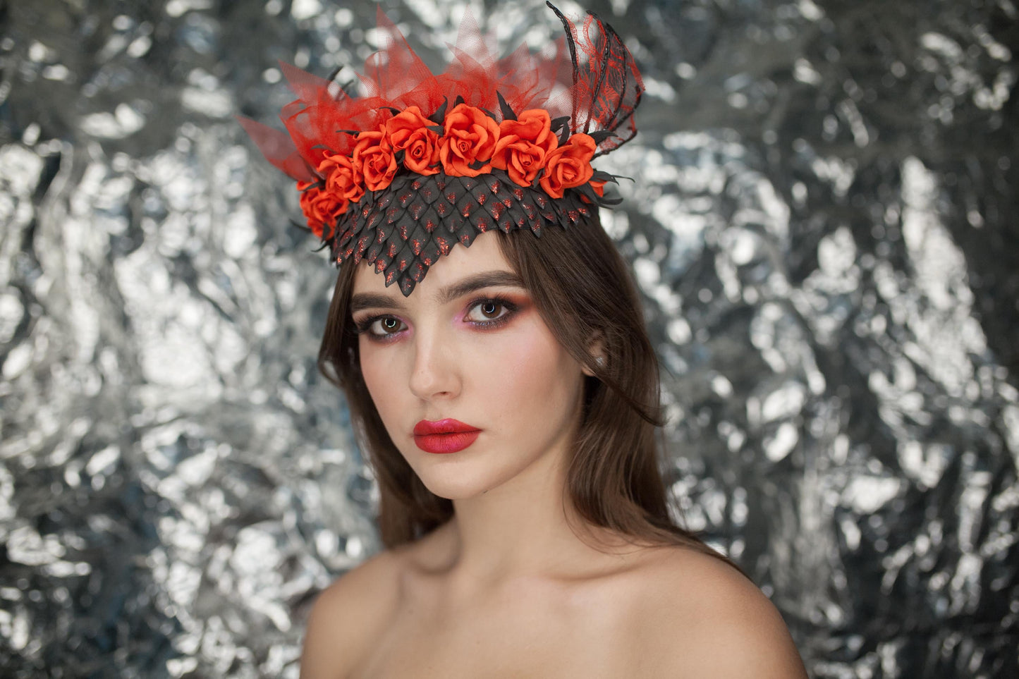 Dragon Scale Headband: Red Roses, Wings & Veil - Fantasy Costume