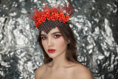 Dragon Scale Headband: Red Roses, Wings & Veil - Fantasy Costume