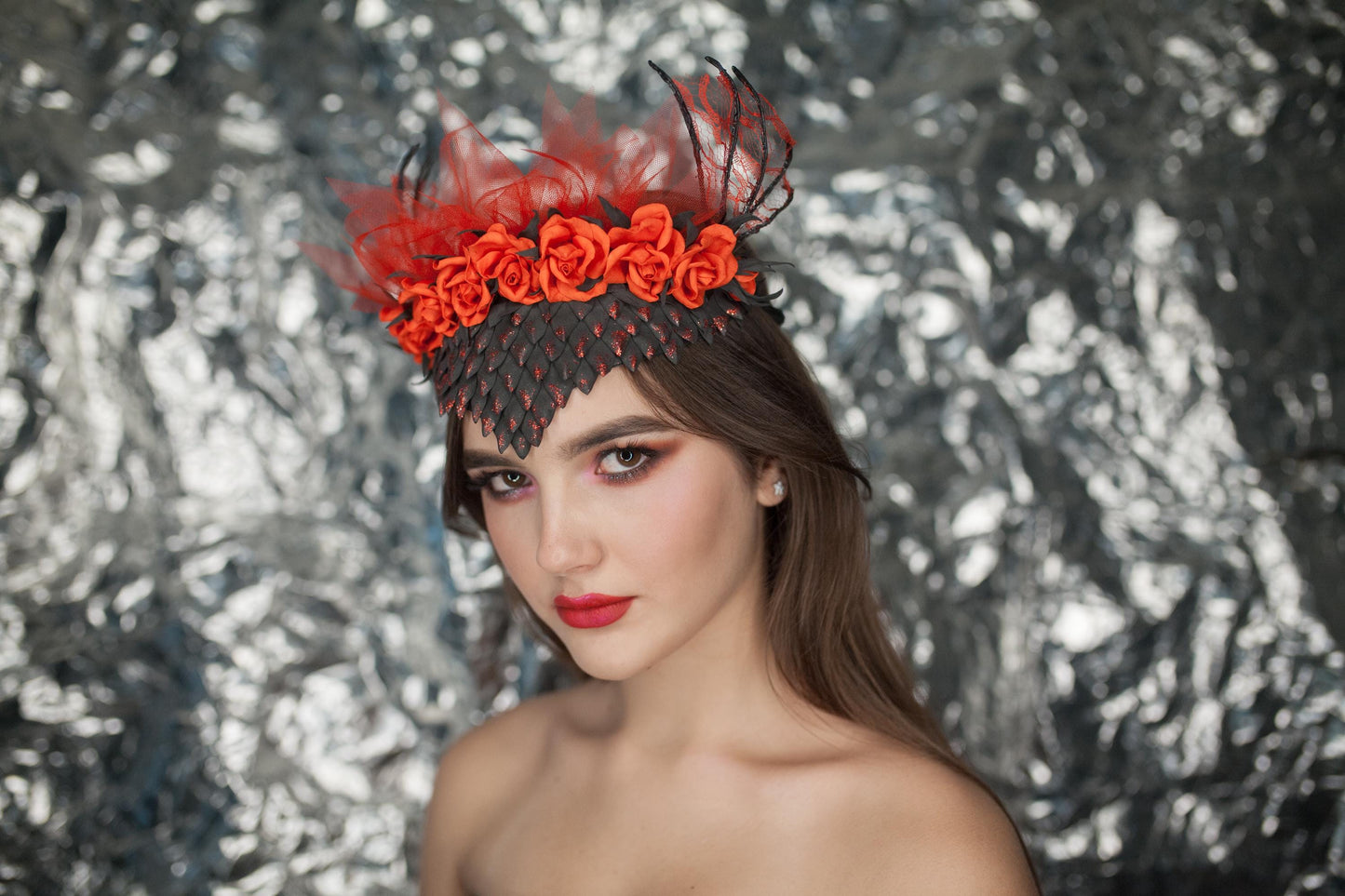 Dragon Scale Headband: Red Roses, Wings & Veil - Fantasy Costume