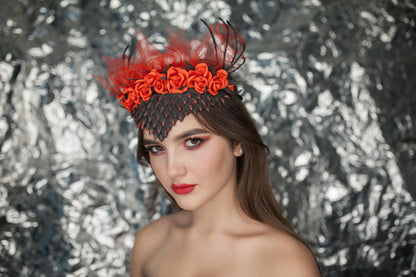 Dragon Scale Headband: Red Roses, Wings & Veil - Fantasy Costume