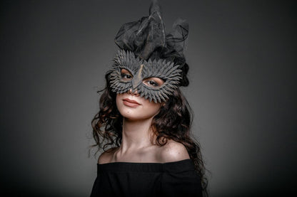 Gothic Dragon Masquerade Mask –  Black Scales & Gold Tint, Black Veil, Fantasy Costume for Women