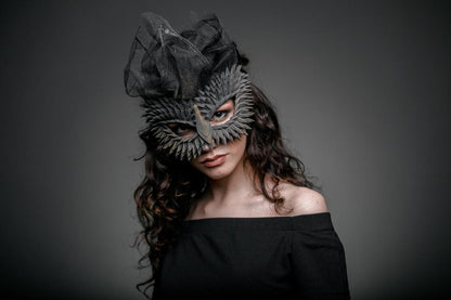Gothic Dragon Masquerade Mask –  Black Scales & Gold Tint, Black Veil, Fantasy Costume for Women