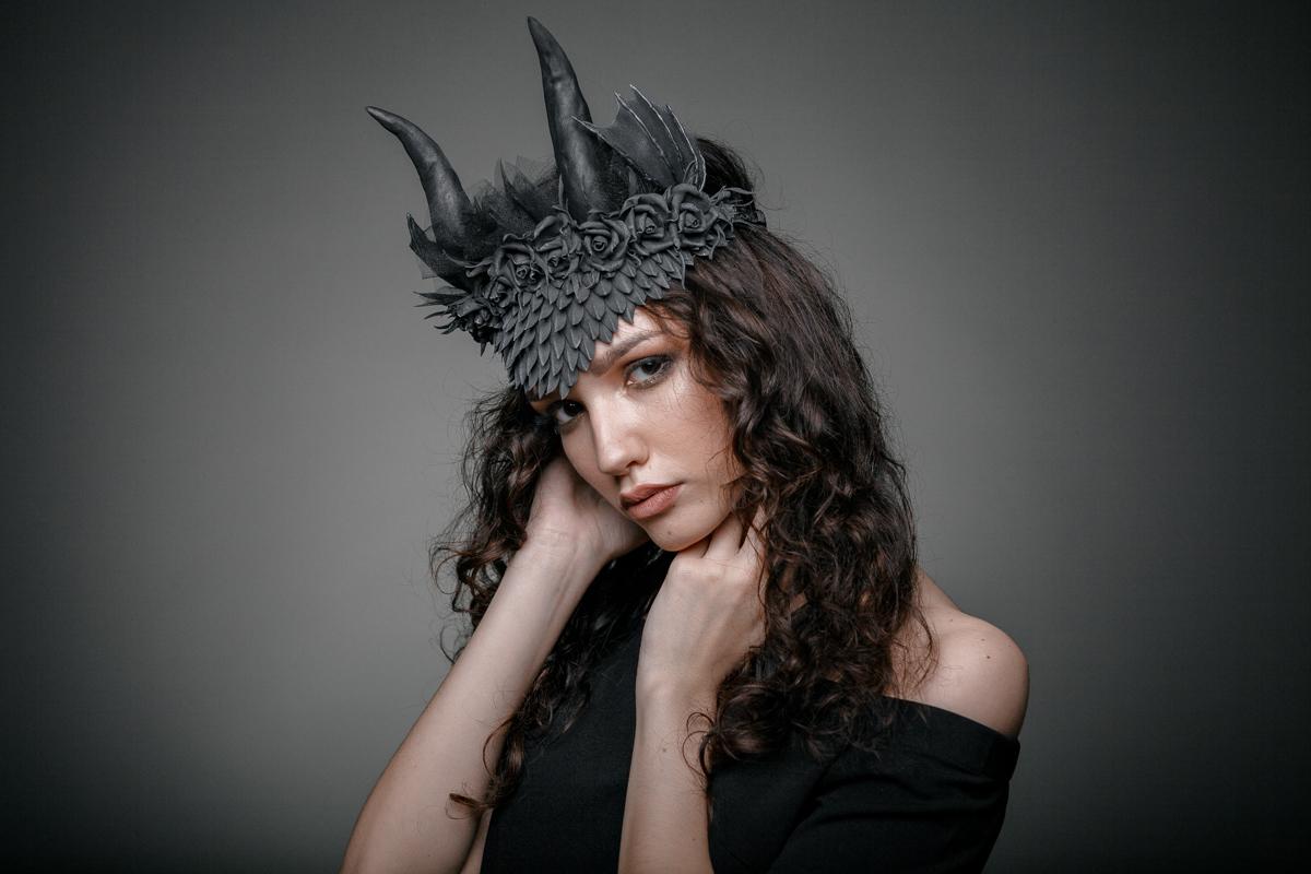 Dragon Horn Headband: Black Scales, Silver Glitter, Roses, Veil - Gothic Cosplay Crown