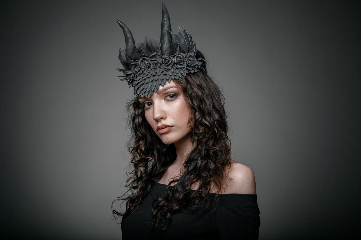 Dragon Horn Headband: Black Scales, Silver Glitter, Roses, Veil - Gothic Cosplay Crown