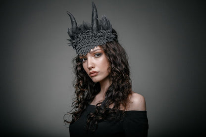 Dragon Horn Headband: Black Scales, Silver Glitter, Roses, Veil - Gothic Cosplay Crown