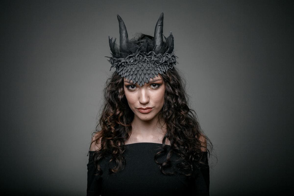 Dragon Horn Headband: Black Scales, Silver Glitter, Roses, Veil - Gothic Cosplay Crown
